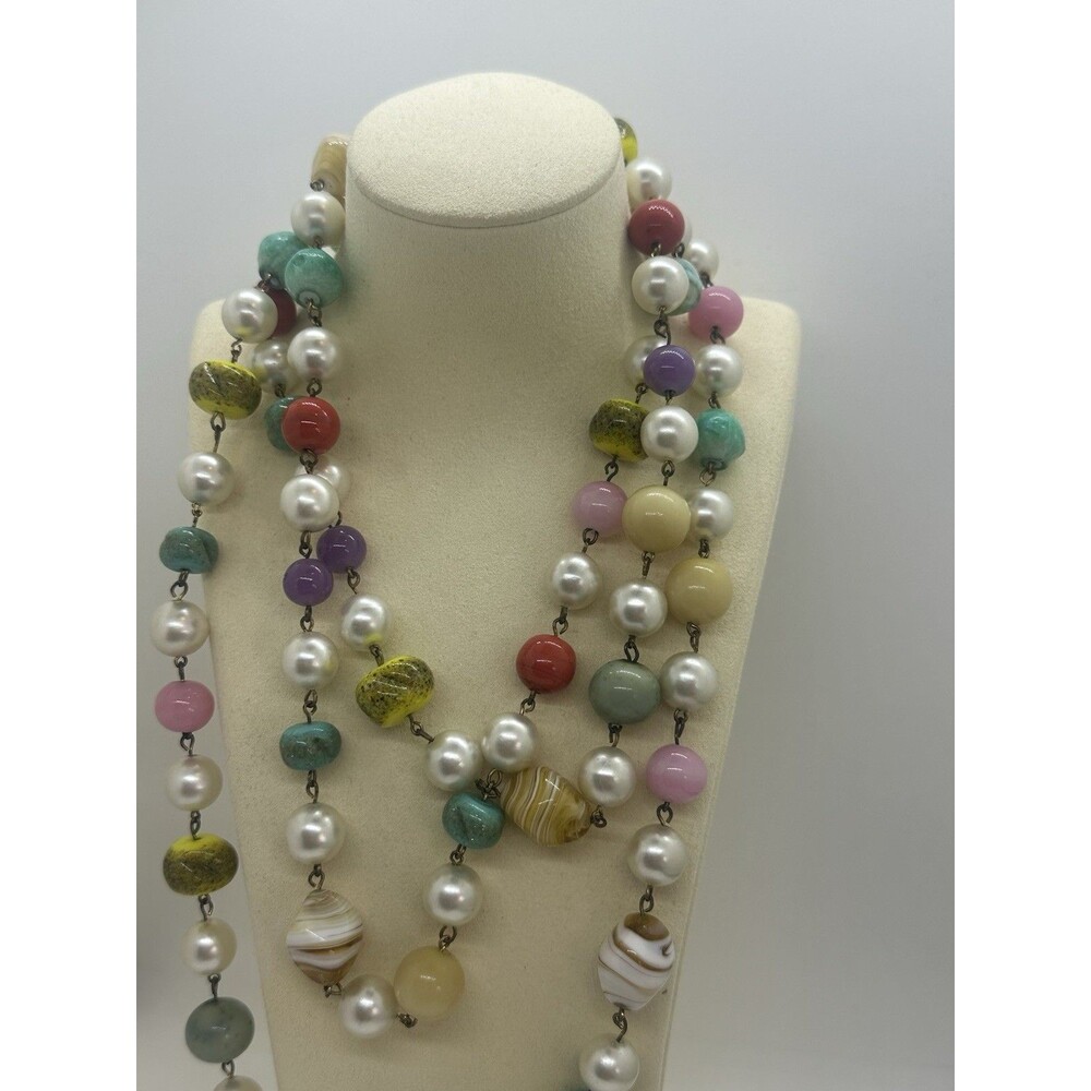 Vintage Art Glass Venetian Style Bead Necklace Opera Rope Length 56”
